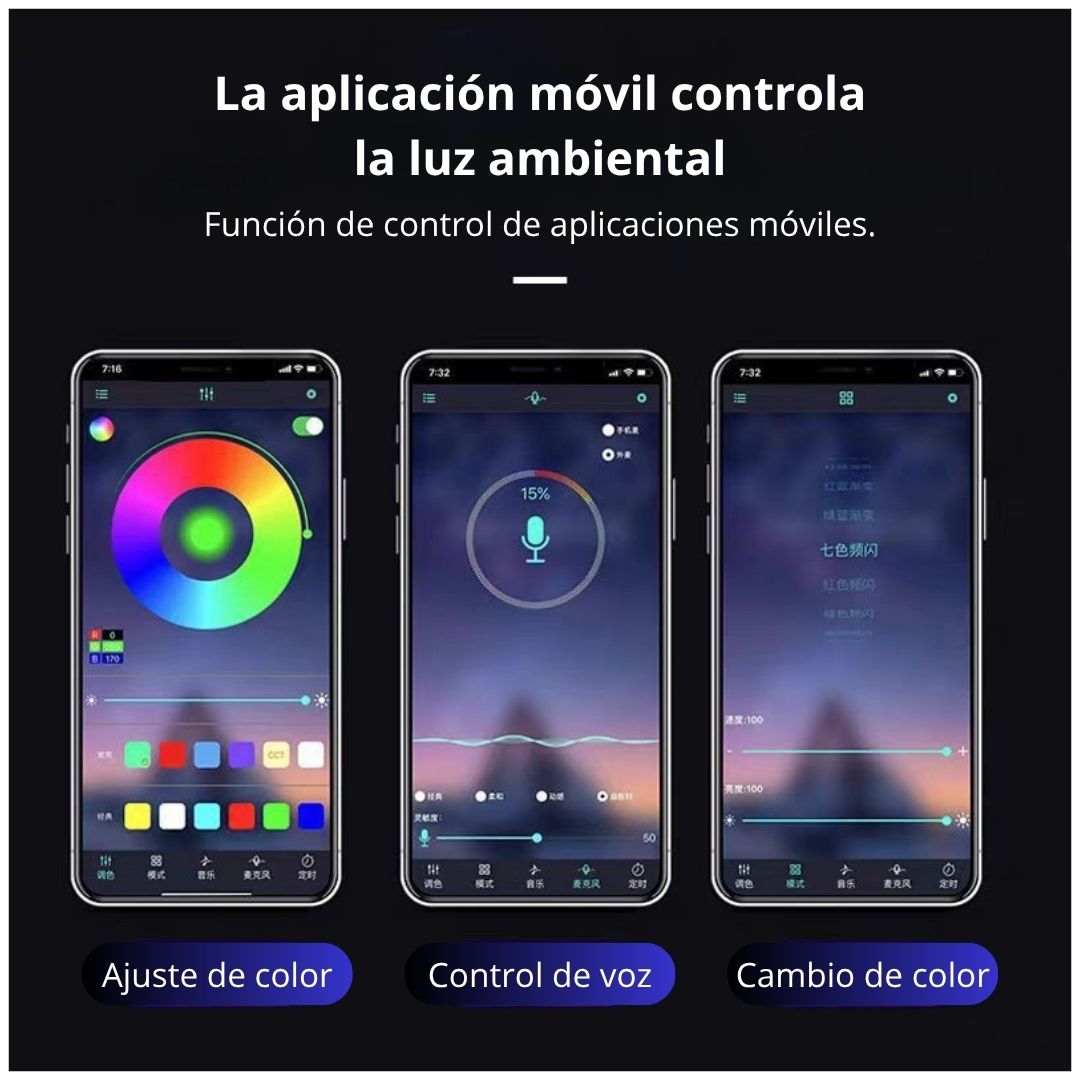 Luces Ambientales LED RGB para Auto Seisa Bluetooth App 4 Tiras