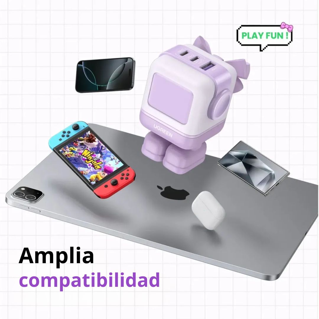 Cargador GaN de Pared UGREEN Uno RG CD361 65W Robot 3 Puertos USB-C USB-A Púrpura