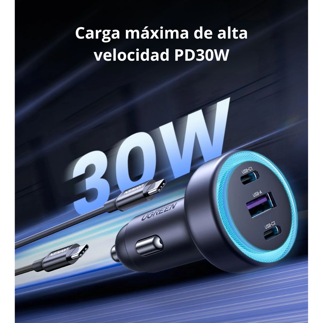 Cargador para Auto UGREEN 30W 3 Puertos 2 USB-C USB-A Carga Rápida PD