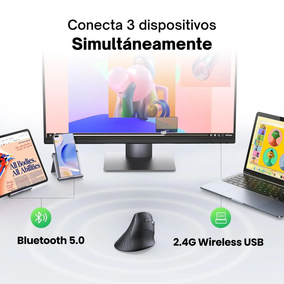 Mouse Vertical Ergonómico UGREEN MU008 Inalámbrico Bluetooth 4000 DPI Multi Dispositivo