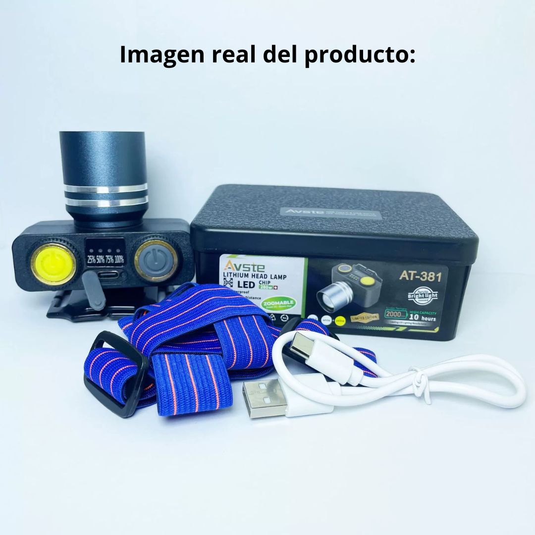 Linterna Frontal LED 200W Bossney con Luz Blanca y Amarilla, Zoom Telescópico, Indicador Digital y Batería 2000 mAh Impermeable