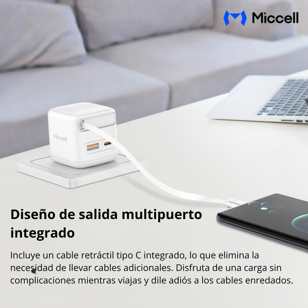 Cargador GaN 35W USB-C USB-A Carga Rápida con Cable Retráctil Miccell VQ-T62
