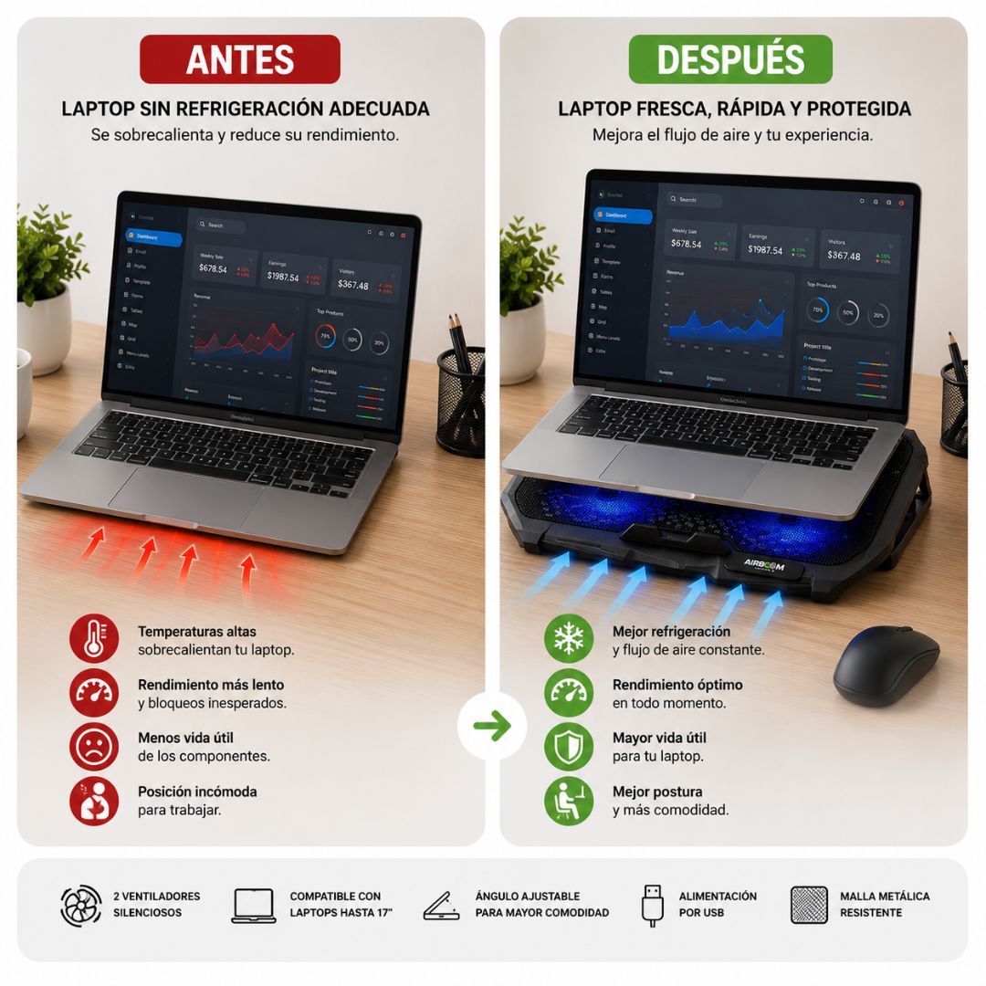 Cooler para Laptop AirBoom Vortex 2 AB 007 17” 2 Ventiladores LED Azul