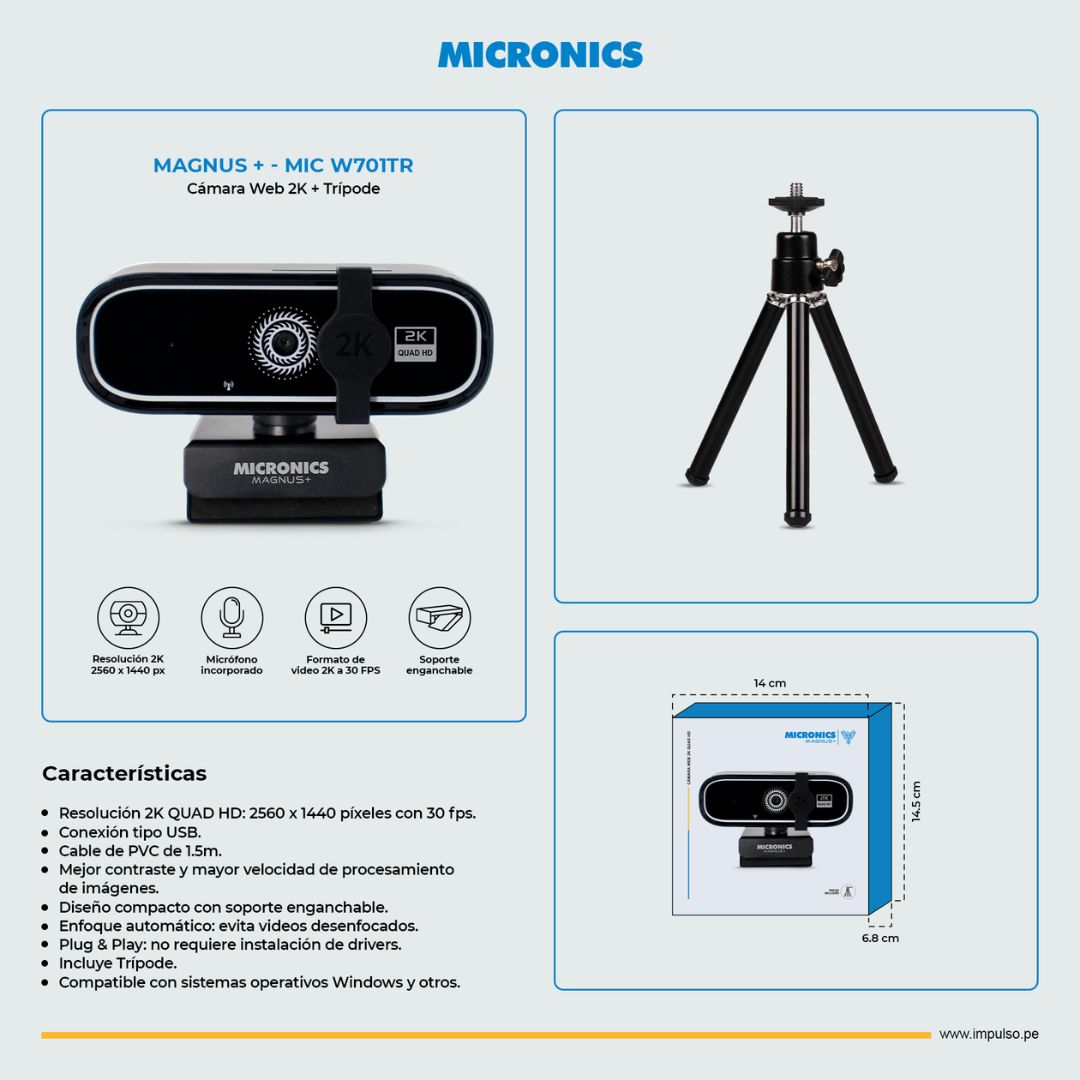 Cámara Web Micronics Magnus+ 2K 5MP USB con Micrófono y Trípode