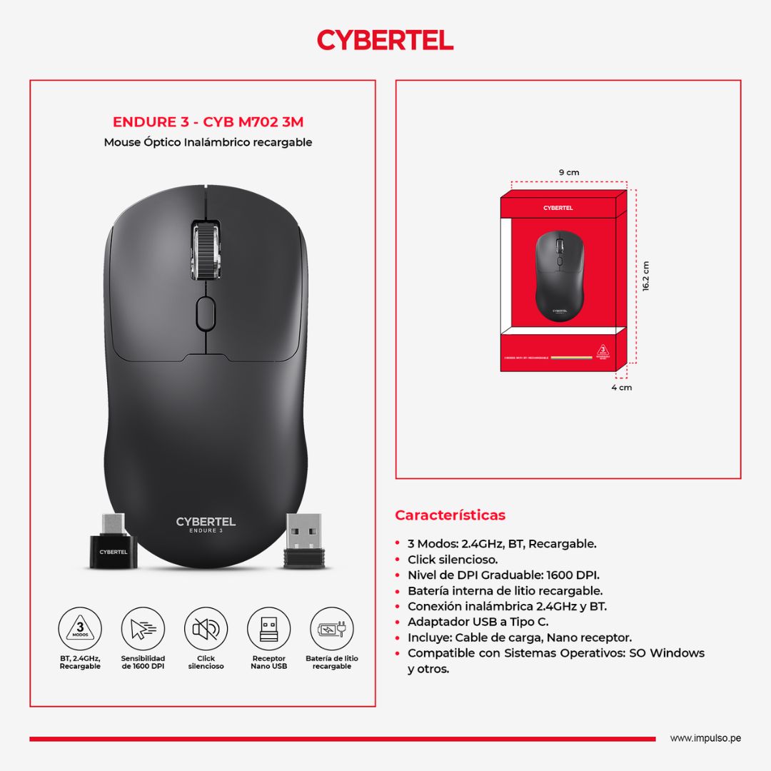 Mouse Cybertel M702-3M Bluetooth 2.4G Recargable Silencioso
