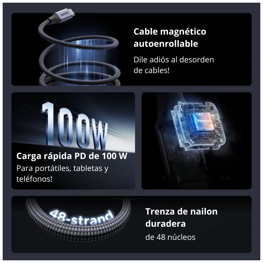 Cable USB-C a USB-C UGREEN L520 100W 1m Carga Rápida PD Magnético Trenzado