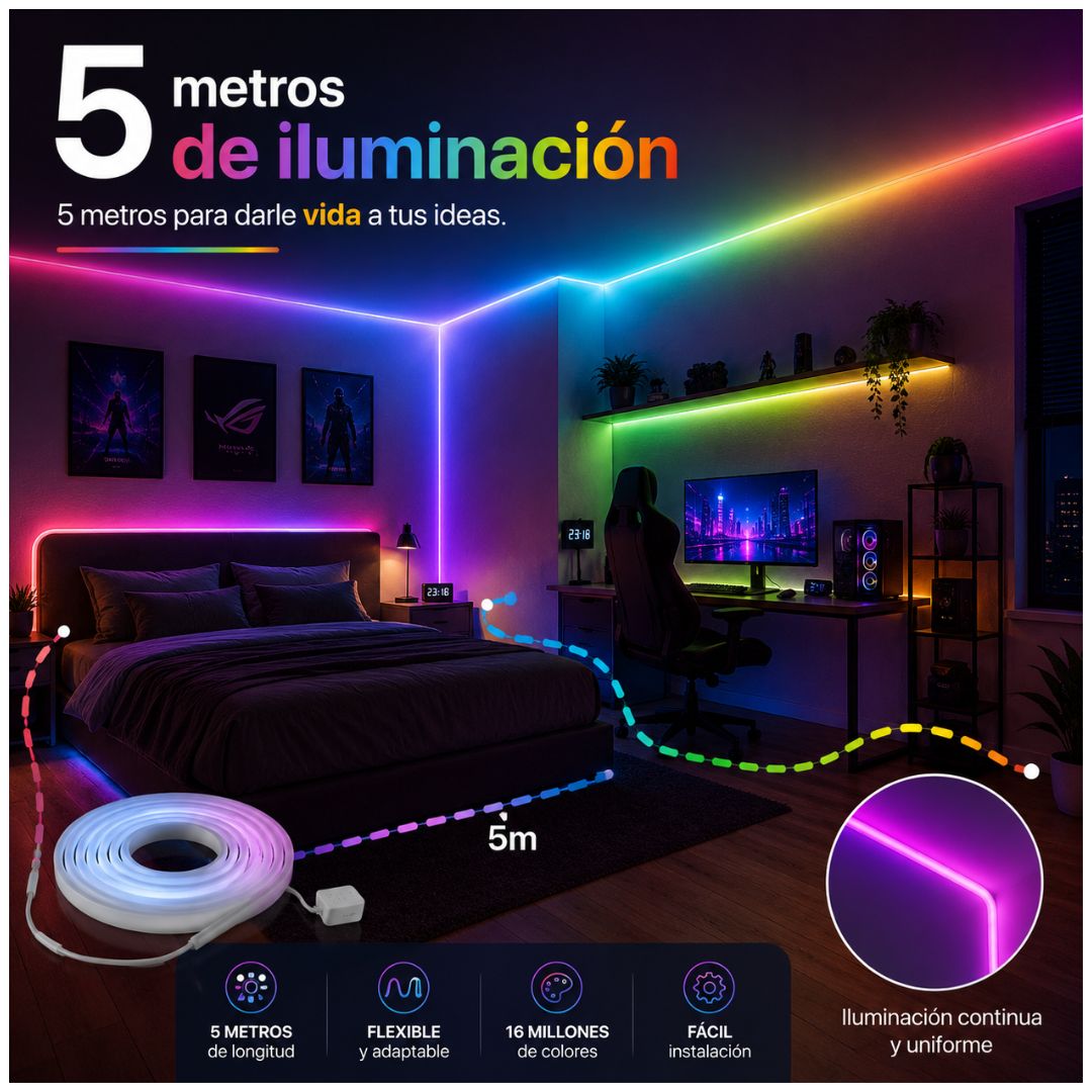 Tira LED Neón RGBIC 5m 24V Bluetooth App y Modo Música