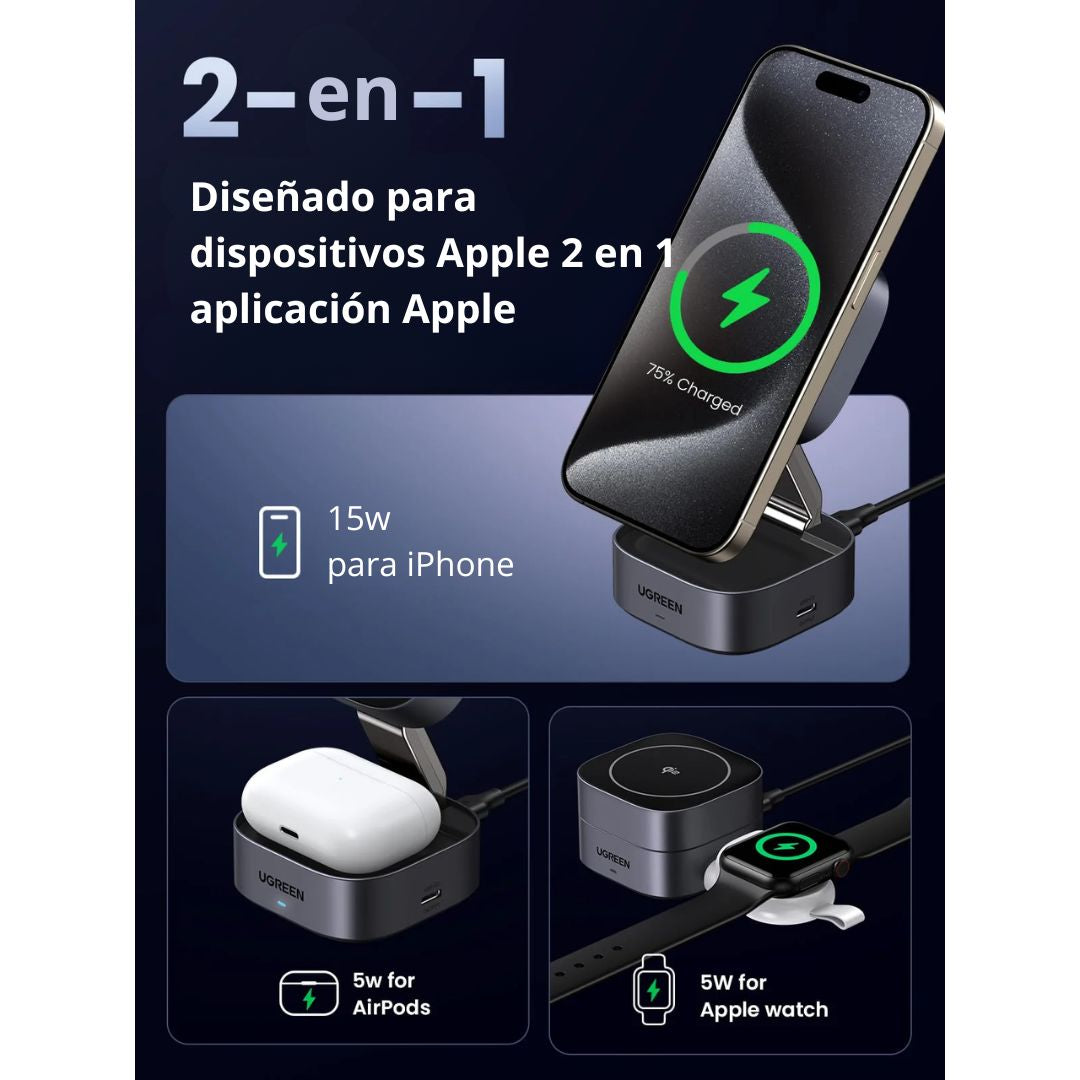 Cargador Inalámbrico Magnético UGREEN W702 Qi2 2 en 1 15W para iPhone AirPods