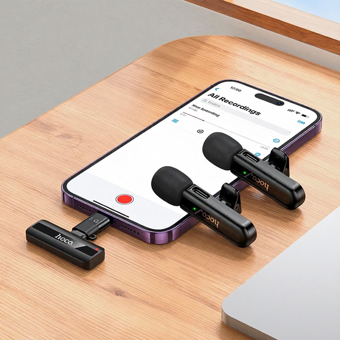 Micrófono Solapero Inalámbrico Doble Hoco L20A USB-C y Lightning para Celular con Reducción de Ruido