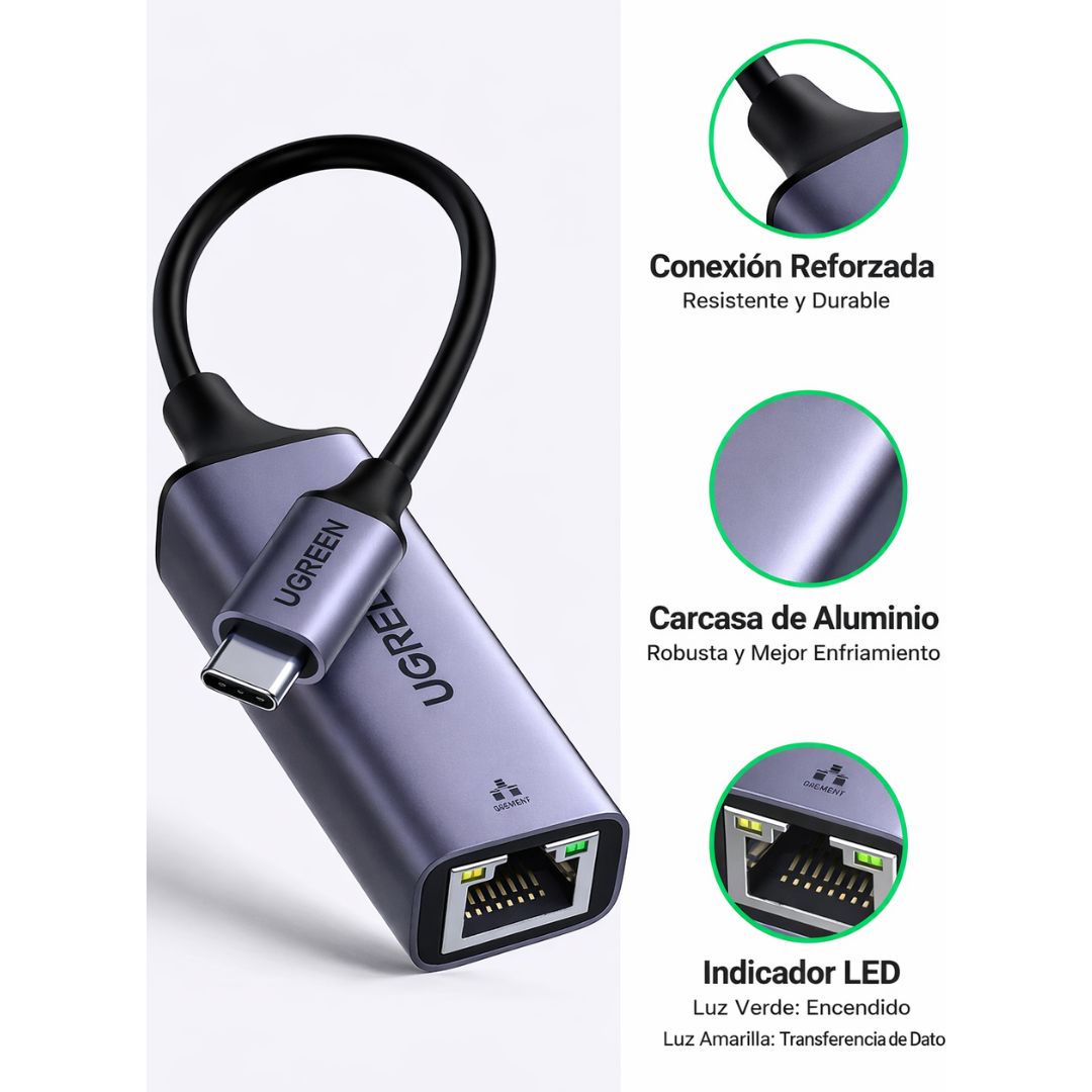 Adaptador USB-C a Ethernet UGREEN Gigabit 1000Mbps RJ45 para MacBook y Laptop CM199