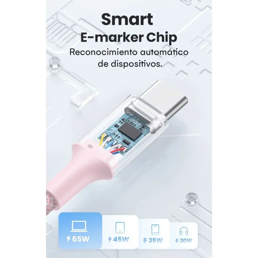 Cable USB-C a USB-C UGREEN L501 60W PD 2m Rosa Carga Rápida y Datos 480Mbps