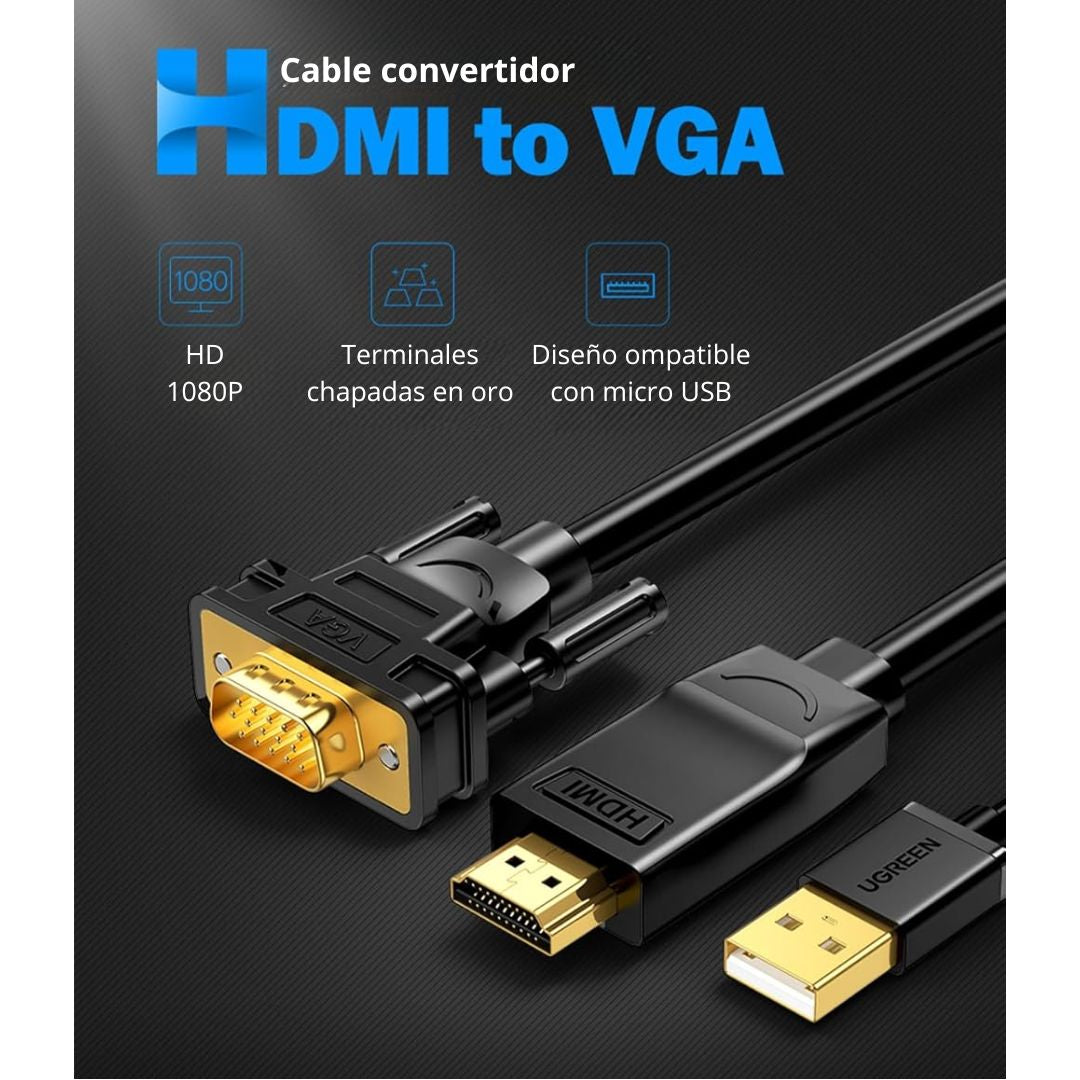 Cable HDMI a VGA UGREEN MM101 1.5m Full HD 1080p para Monitor y Proyector