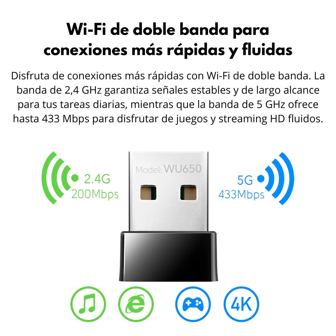 Adaptador USB WiFi Nano Cudy WU650 AC650 Dual Band para PC