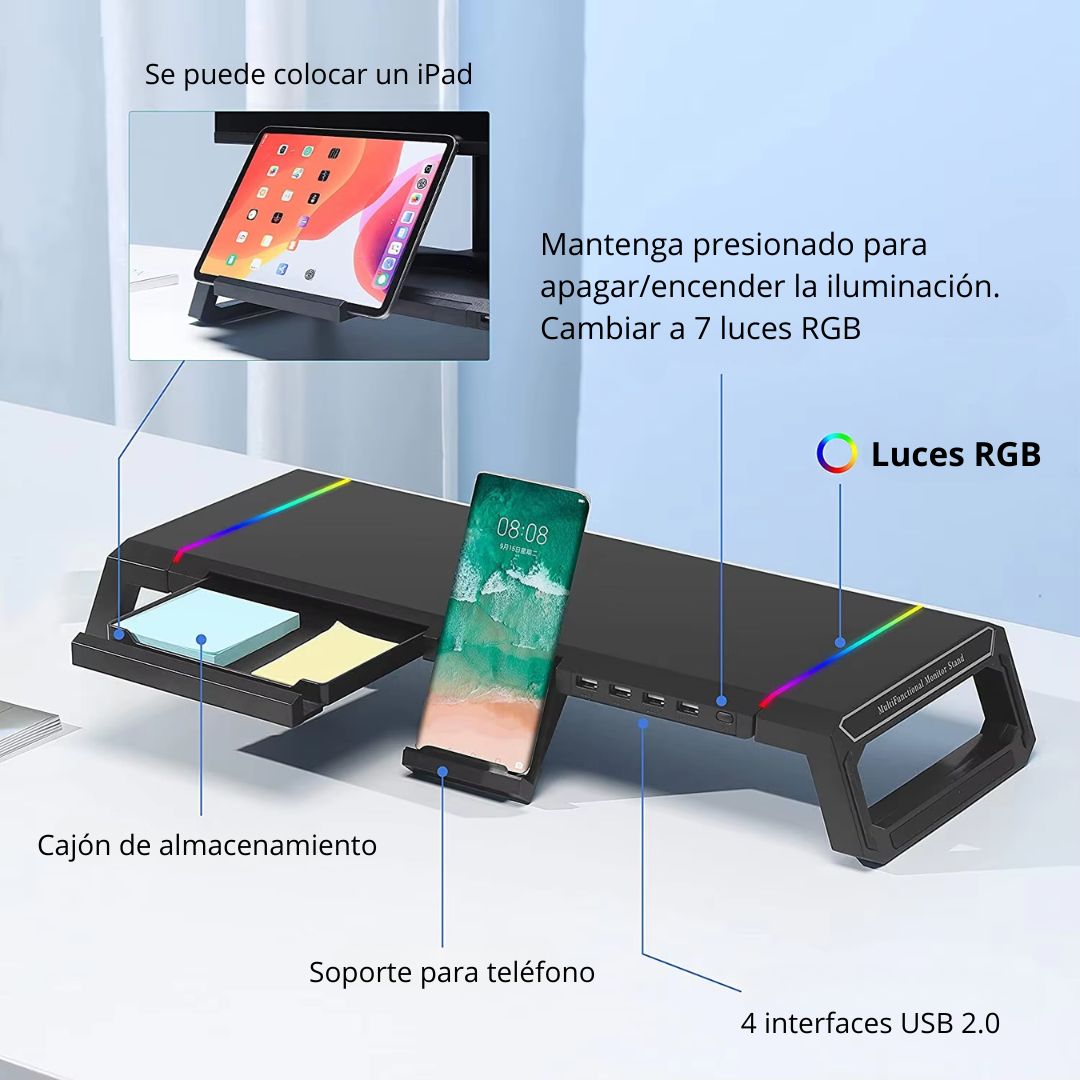 Soporte Elevador para Monitor DN-H641 con Hub USB-C RGB Cajón y Porta Celular