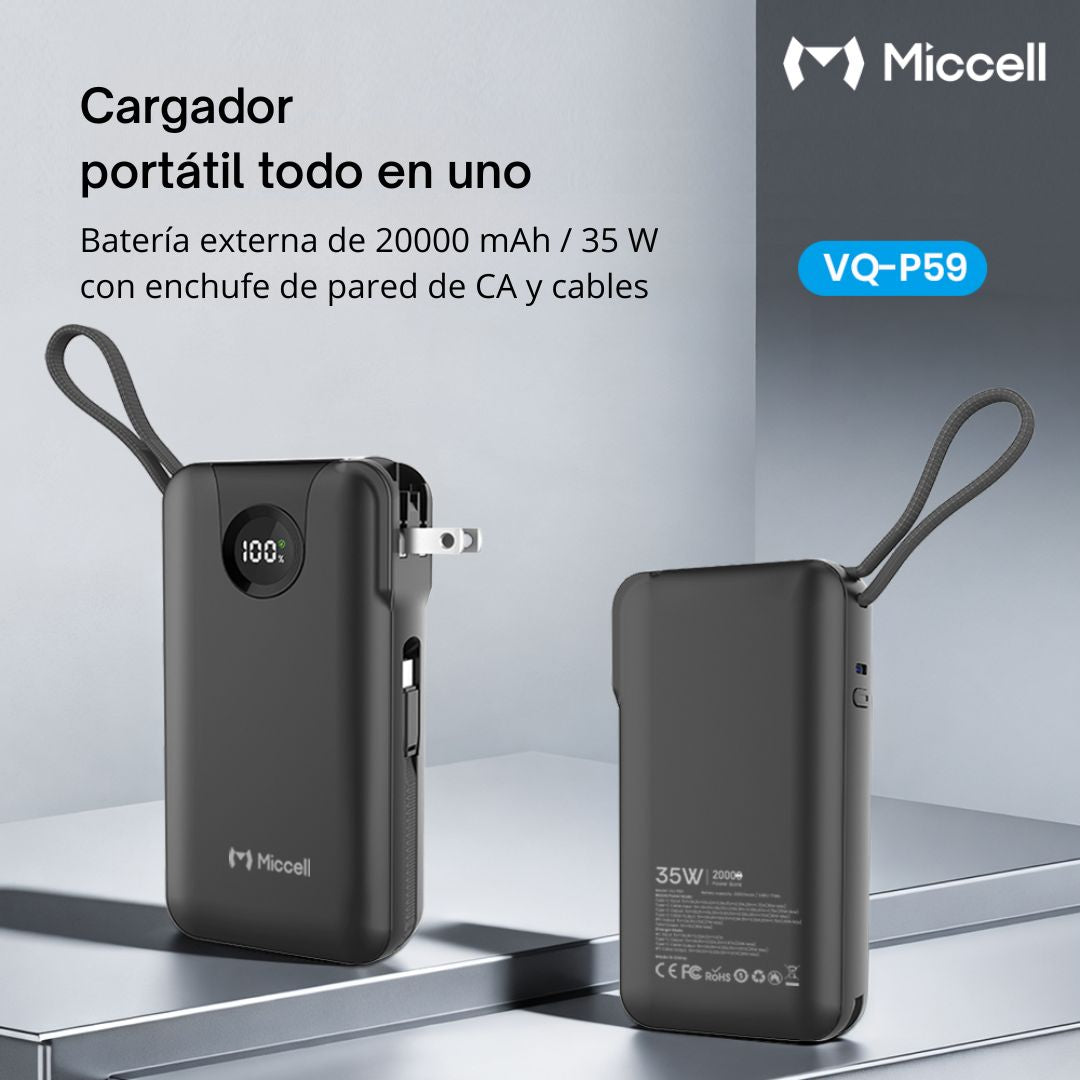Power Bank 20000mAh 35W Carga Rápida con Cables Integrados USB-C Lightning Miccell VQ-P59