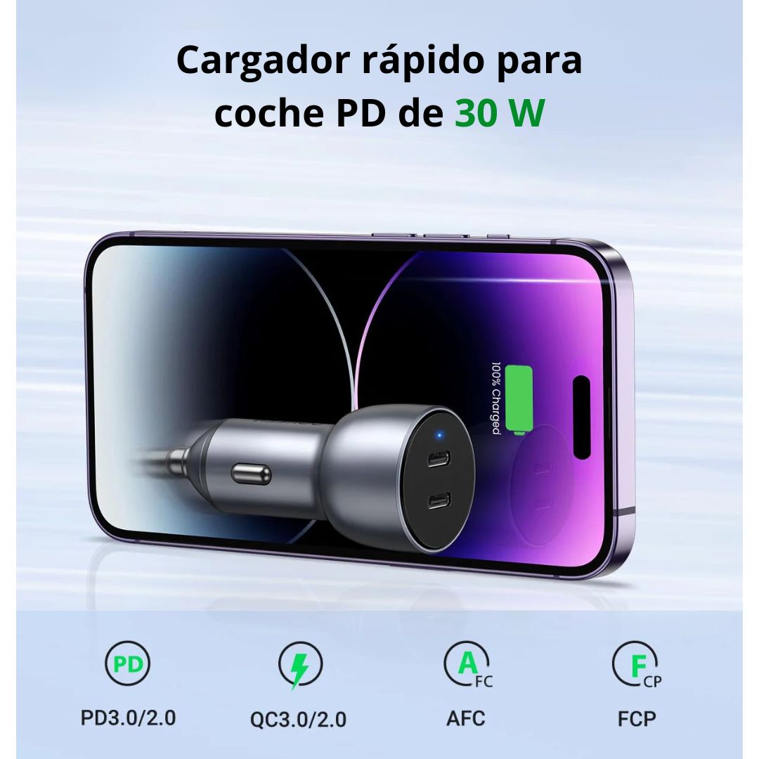 Cargador de Auto UGREEN 60W Doble USB-C PD 30W Carga Rápida para iPhone y Samsung CD213