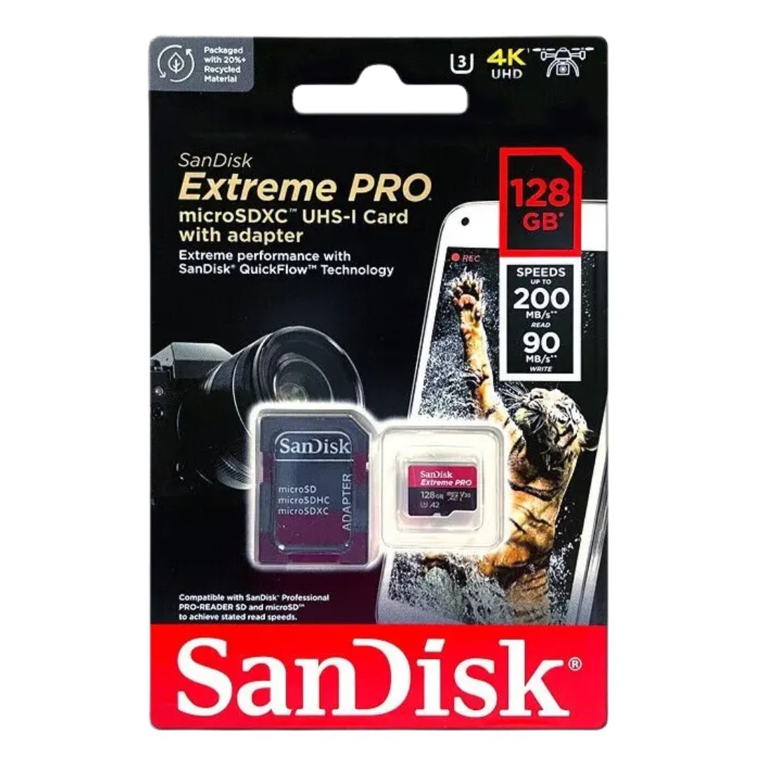 Memoria microSD SanDisk Extreme Pro 128GB V30 A2 200MB/s para Celular Cámara y Dron 4K