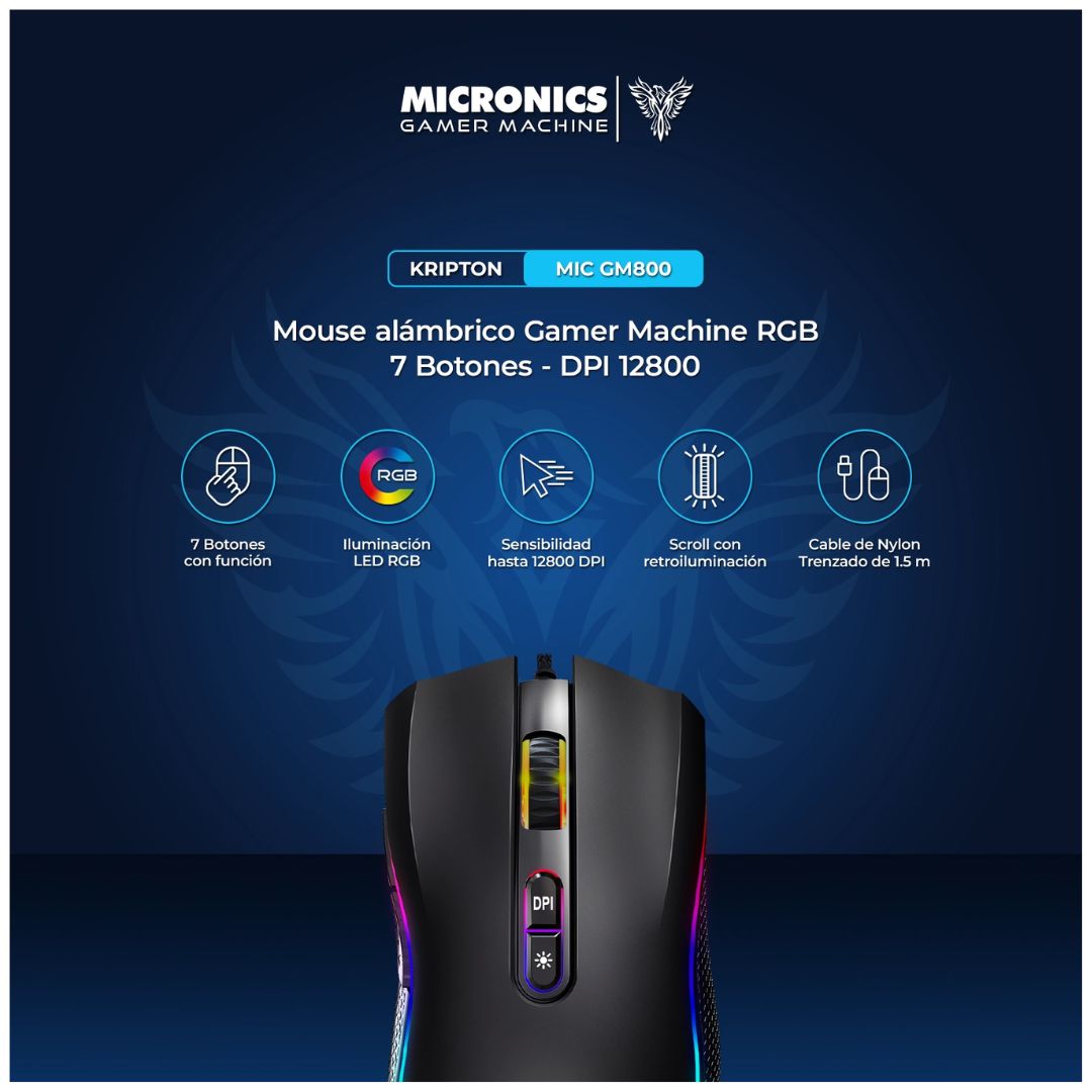 Mouse Gamer Cableado Micronics Kripton MIC GM800 RGB 12800 DPI 7 Botones