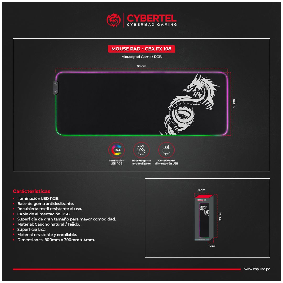 Mouse Pad Gamer Cybertel FX108 RGB 80x30cm Antideslizante