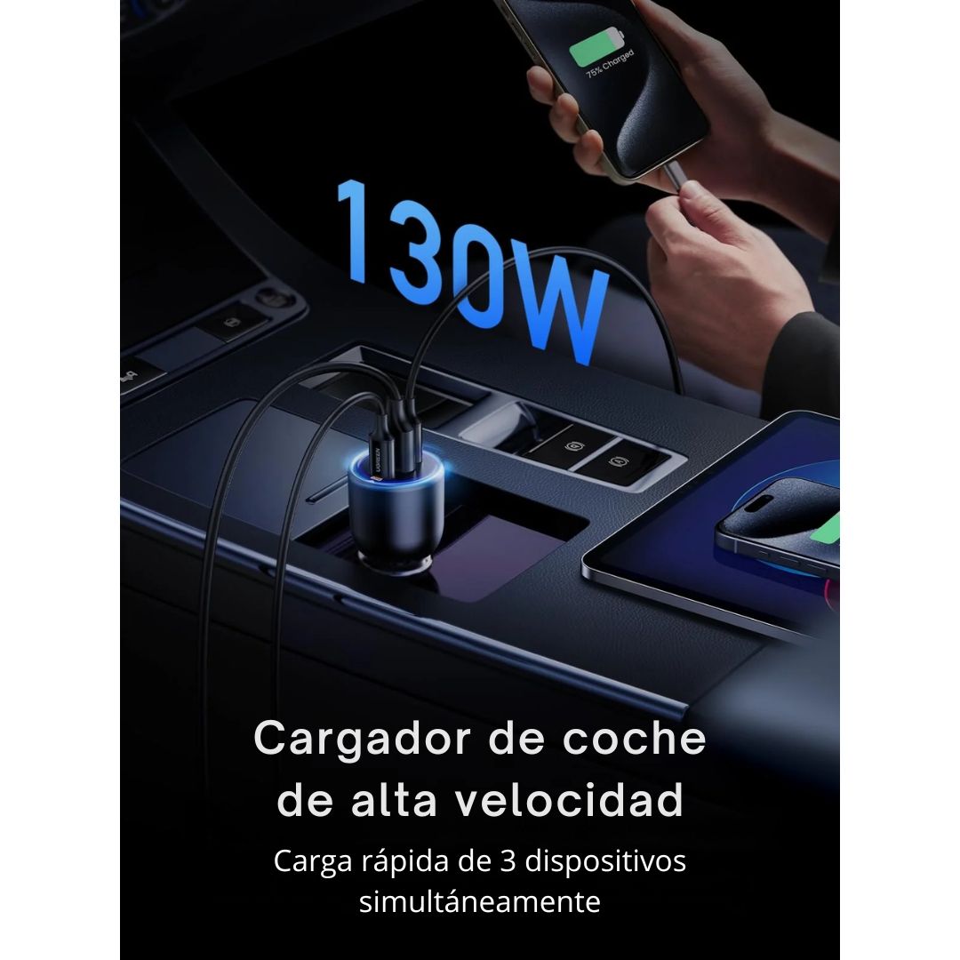Cargador para Auto UGREEN 130W USB-C PD 3 Puertos Carga Rápida