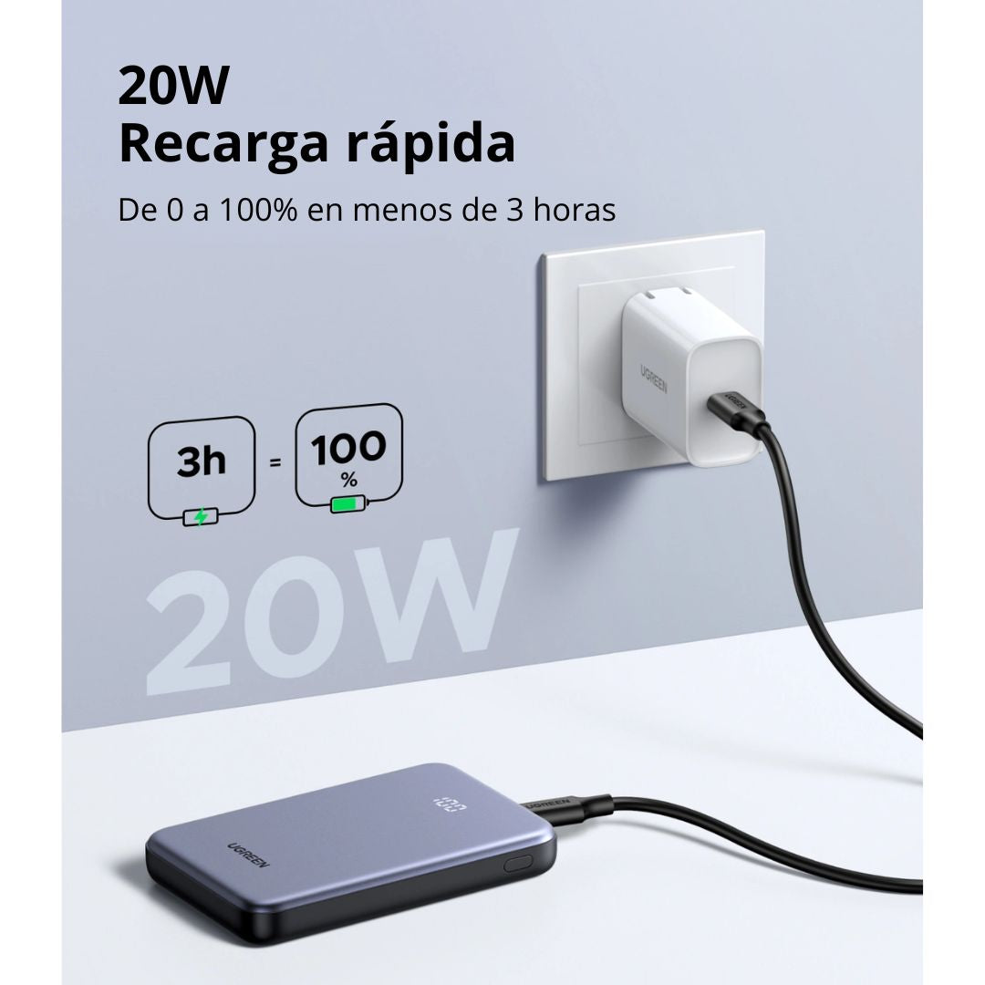 Power Bank 10000mAh UGREEN PB526 22.5W Carga Rápida con Cable USB-C Integrado