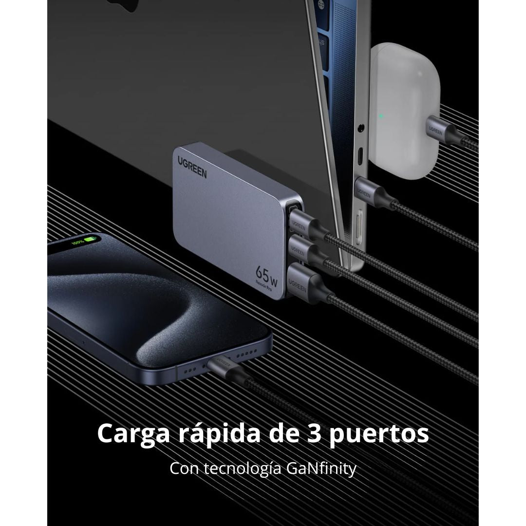 Cargador Rápido GaN UGREEN Nexode Pro 65W Ultra Slim con 2 USB-C y 1 USB-A para Laptop y Celular