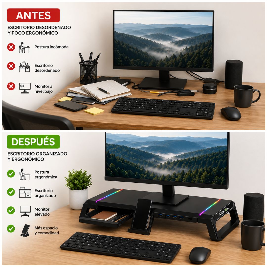 Soporte Elevador para Monitor AirBoom AB 089 RGB 4 USB 20kg con Porta Celular