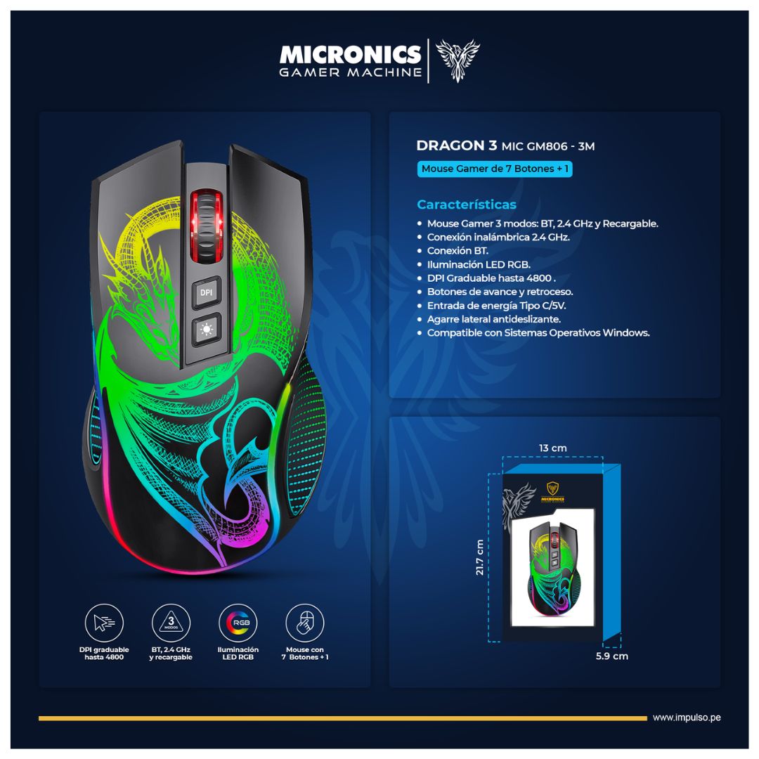 Mouse Gamer Inalámbrico Micronics Dragon 3 RGB 4800 DPI Recargable USB-C