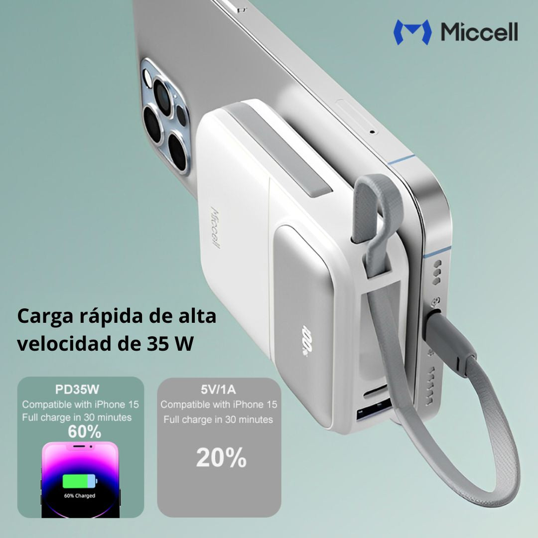 Power Bank 10000mAh 35W Carga Rápida con Cables Integrados USB-C Lightning Miccell VQ-P51