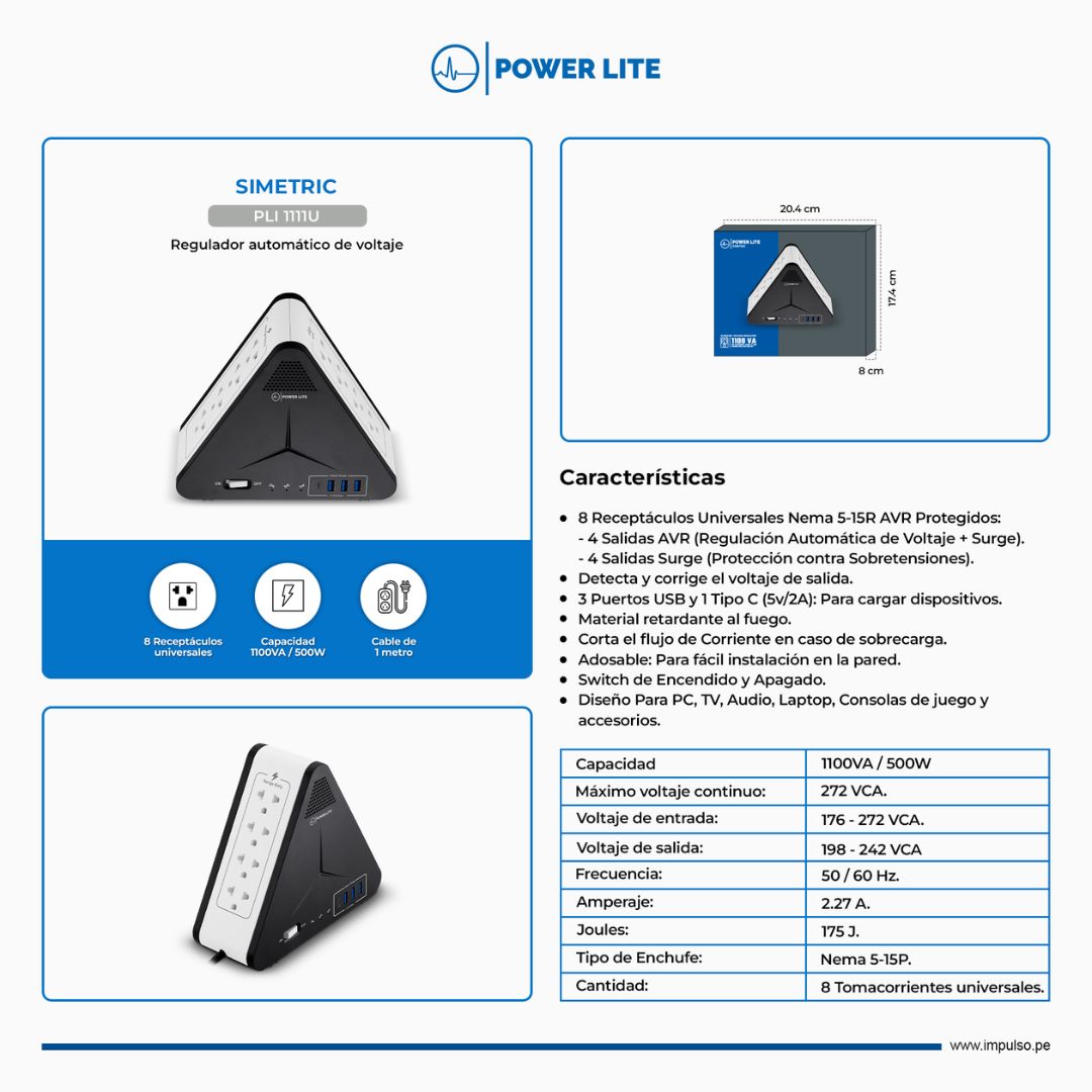 Estabilizador de Voltaje Power Lite PLI 1111U 1100VA 500W 8 Tomas USB-C