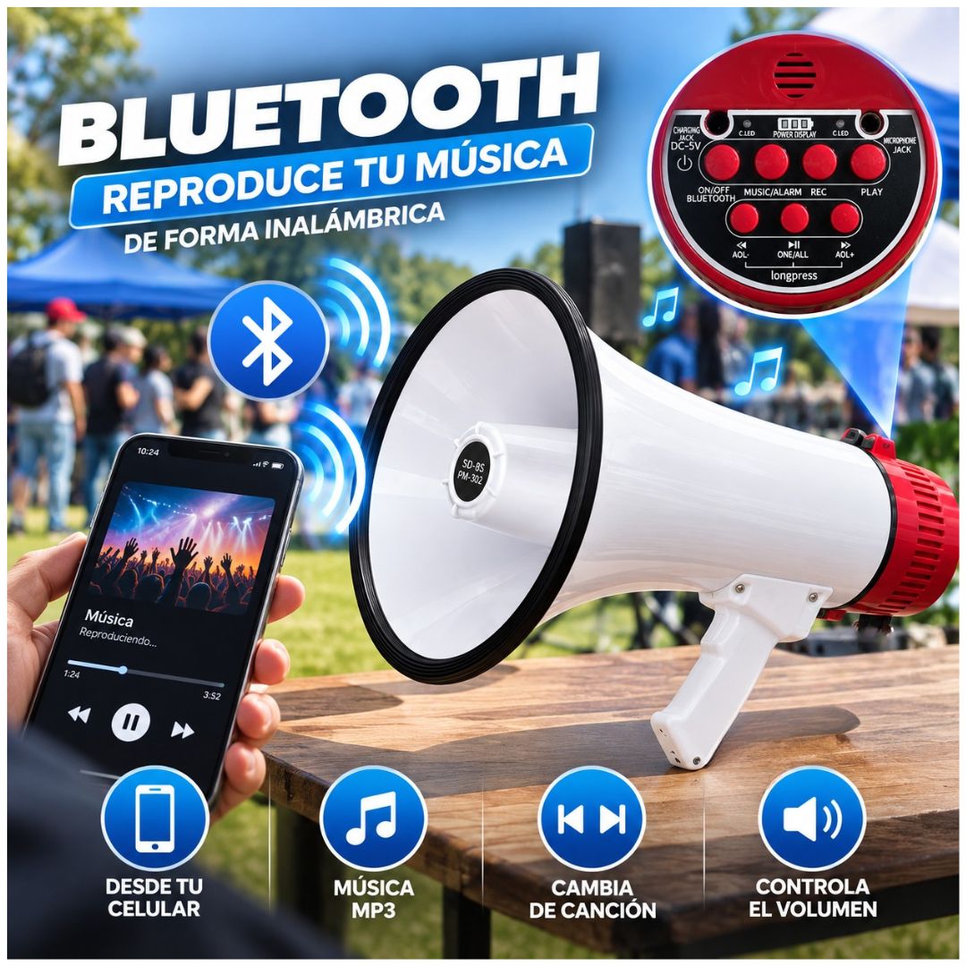 Megáfono CAFINI 60W Bluetooth Recargable con Grabación USB MicroSD