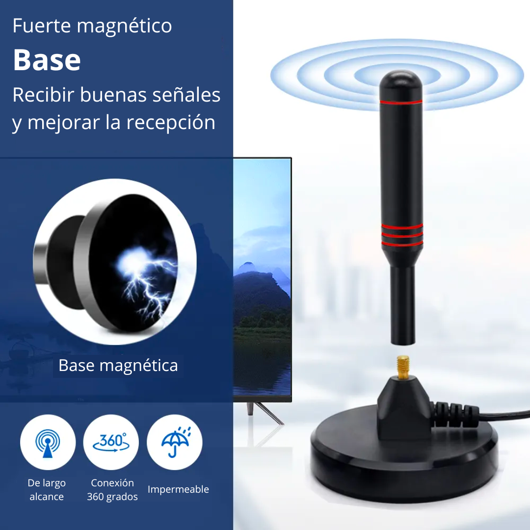 Antena Digital TV Full HD con Base Magnética y Recepción 360°