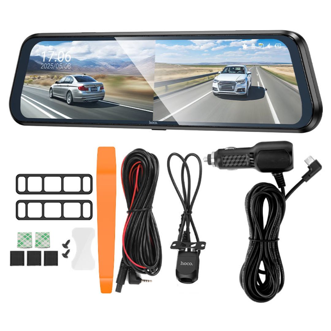 Cámara Vehicular Hoco DV16 Espejo Retrovisor 1080P Dual con Pantalla Táctil y Visión Nocturna