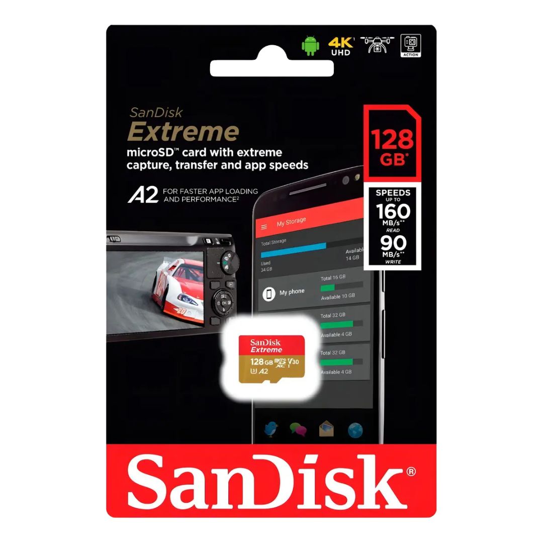 Memoria microSD SanDisk Extreme 128GB V30 A2 190MB/s para Celular Cámara y Dron 4K