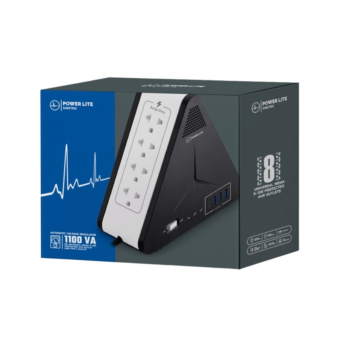Estabilizador de Voltaje Power Lite PLI 1111U 1100VA 500W 8 Tomas USB-C