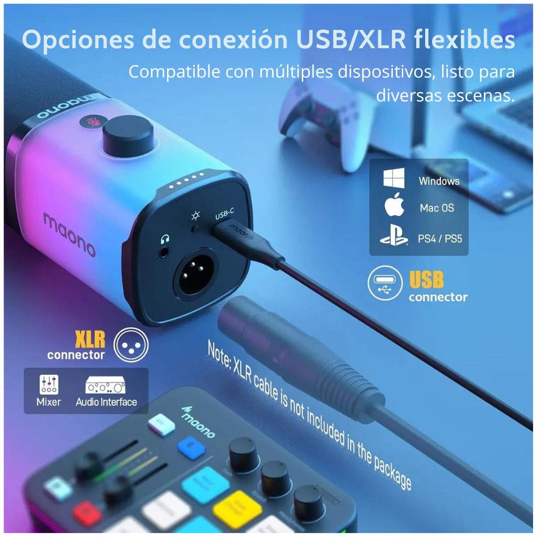 Micrófono Maono PD100X Dinámico USB-C XLR RGB para Streaming