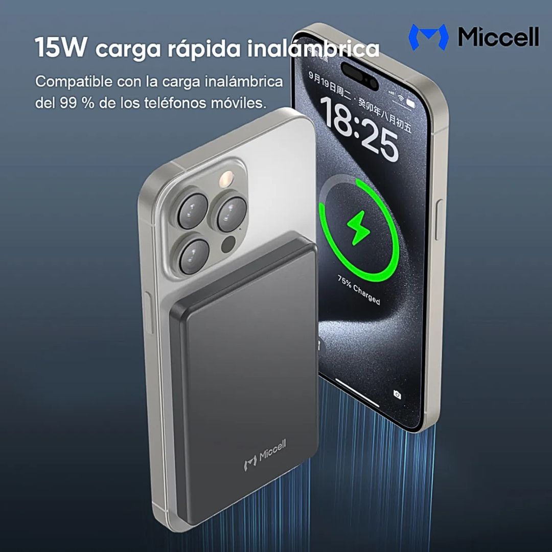 Power Bank Magnético 5000mAh 20W Carga Rápida Inalámbrica 15W USB-C Miccell VQ-P31