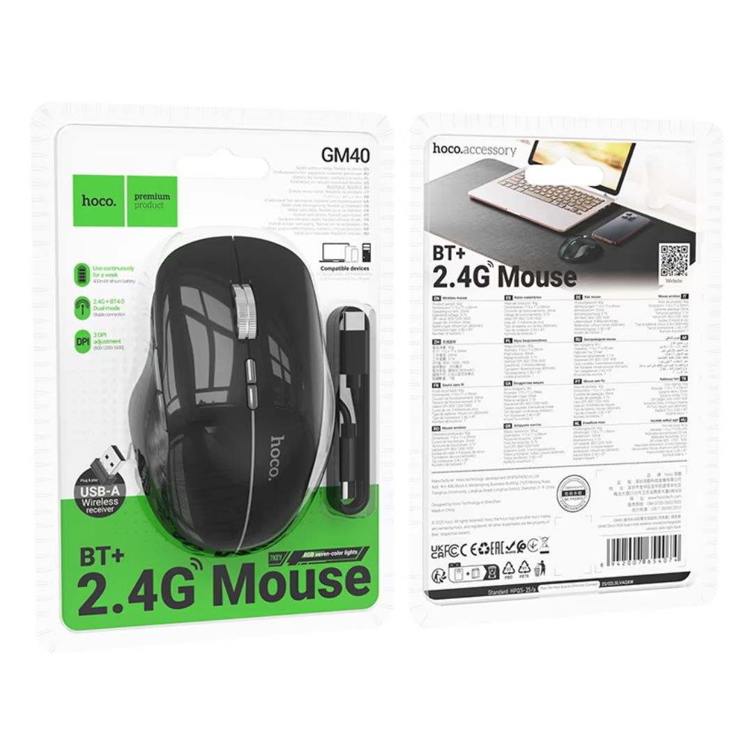 Mouse Inalámbrico Hoco GM40 2.4G Bluetooth RGB 1600 DPI 7 Botones