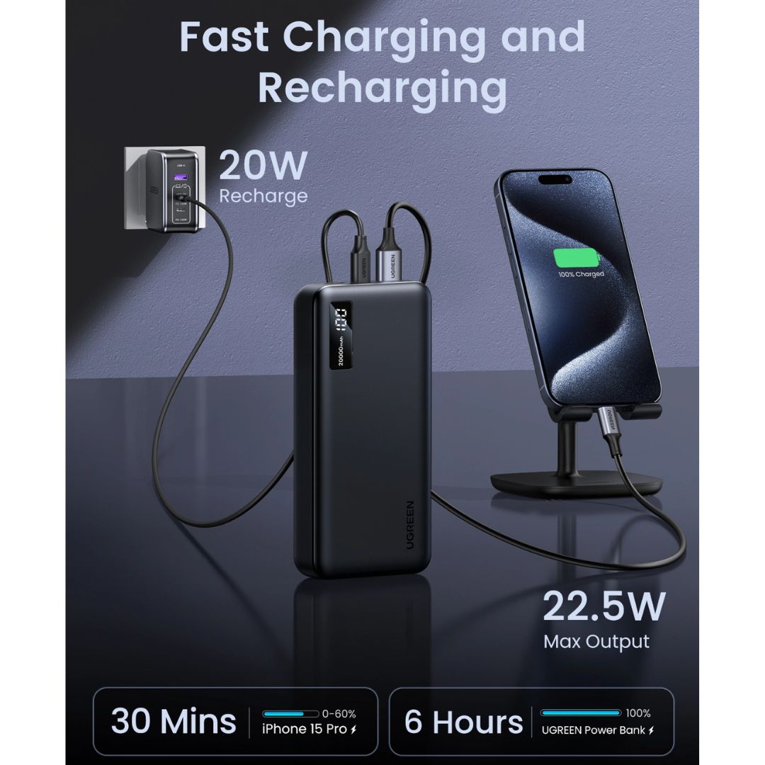Power Bank UGREEN PB312 20000 mAh 20W PD Carga Rápida USB-C y USB-A