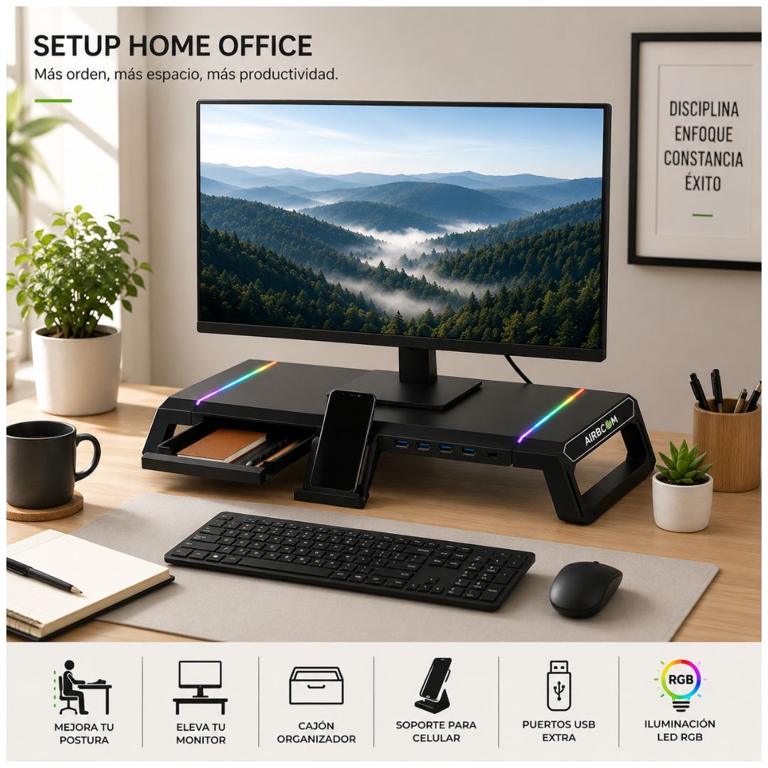 Soporte Elevador para Monitor AirBoom AB 089 RGB 4 USB 20kg con Porta Celular