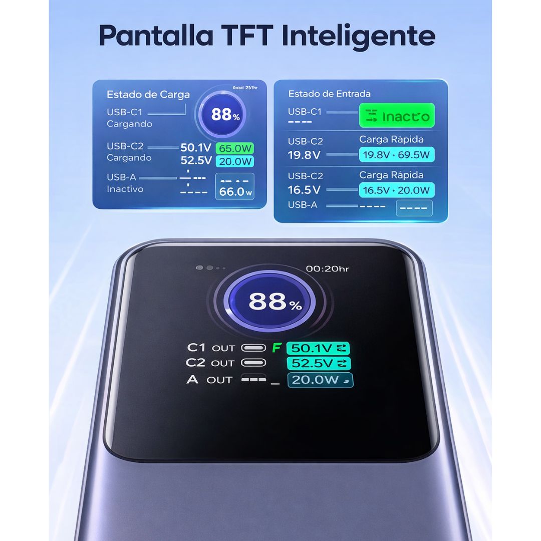 Power Bank UGREEN Nexode 20000mAh 100W PD 3.0 con Pantalla TFT USB-C para Laptop y Celular PB721