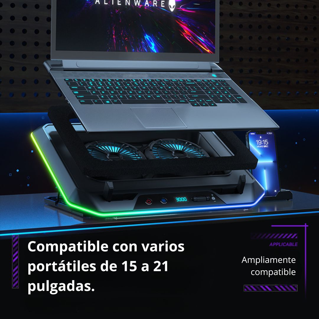 Cooler para Laptop DN-H640 con 2 Ventiladores LED Soporte para Celular y 7 Niveles