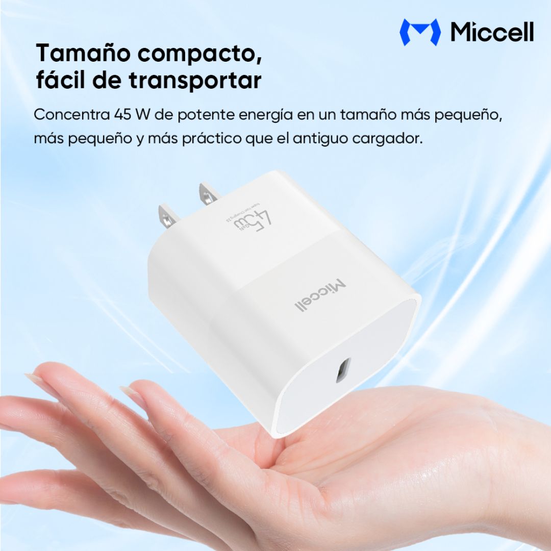 Cargador Rápido GaN Miccell 45W USB-C PD PPS Compatible con Samsung Super Fast Charging 2.0