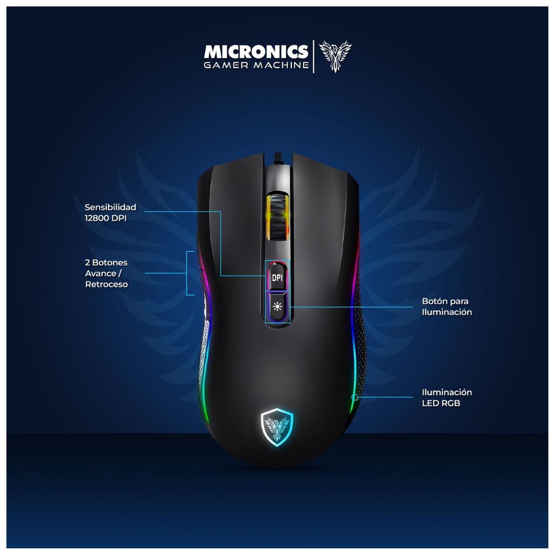 Mouse Gamer Cableado Micronics Kripton MIC GM800 RGB 12800 DPI 7 Botones