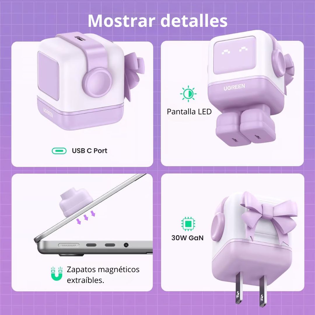 Cargador GaN de Pared UGREEN Uno RG CD359 30W Robot USB-C Púrpura