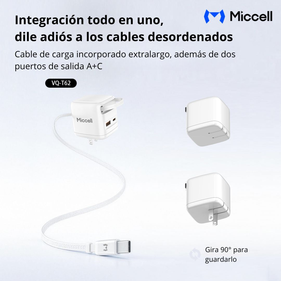 Cargador GaN 35W USB-C USB-A Carga Rápida con Cable Retráctil Miccell VQ-T62