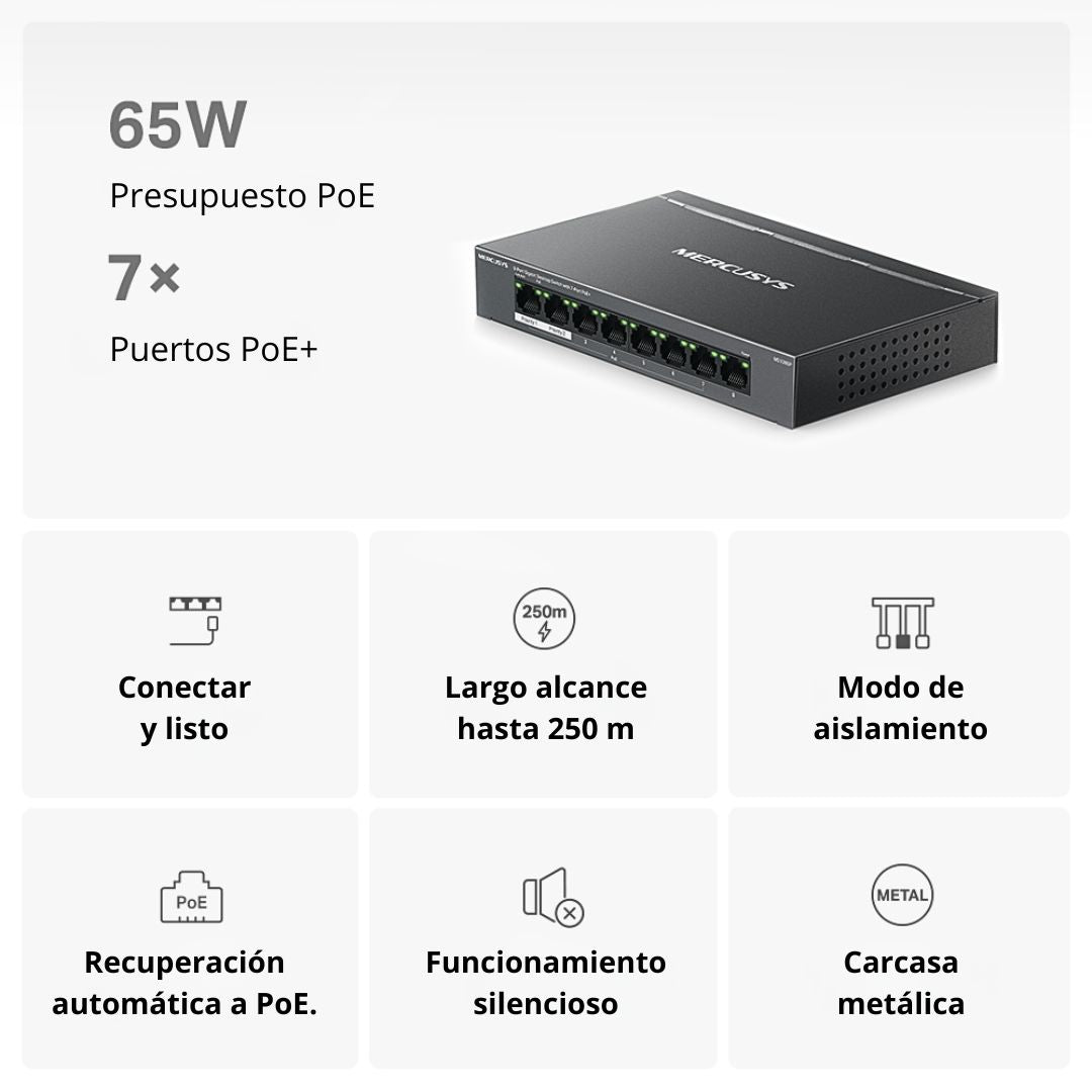 Switch PoE+ Gigabit 8 Puertos Mercusys MS108GP 7 PoE+ 65W para Cámaras IP