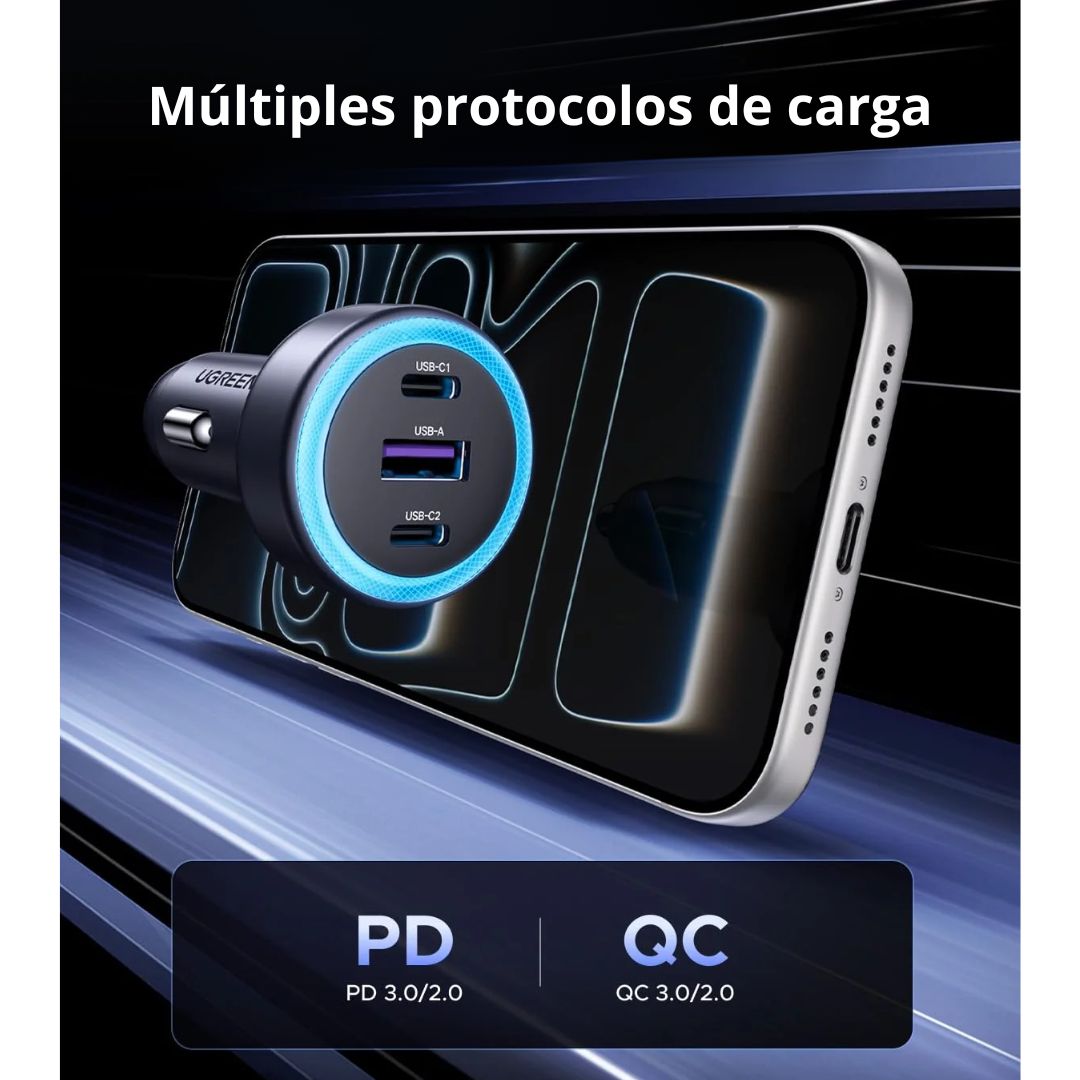 Cargador para Auto UGREEN 30W 3 Puertos 2 USB-C USB-A Carga Rápida PD