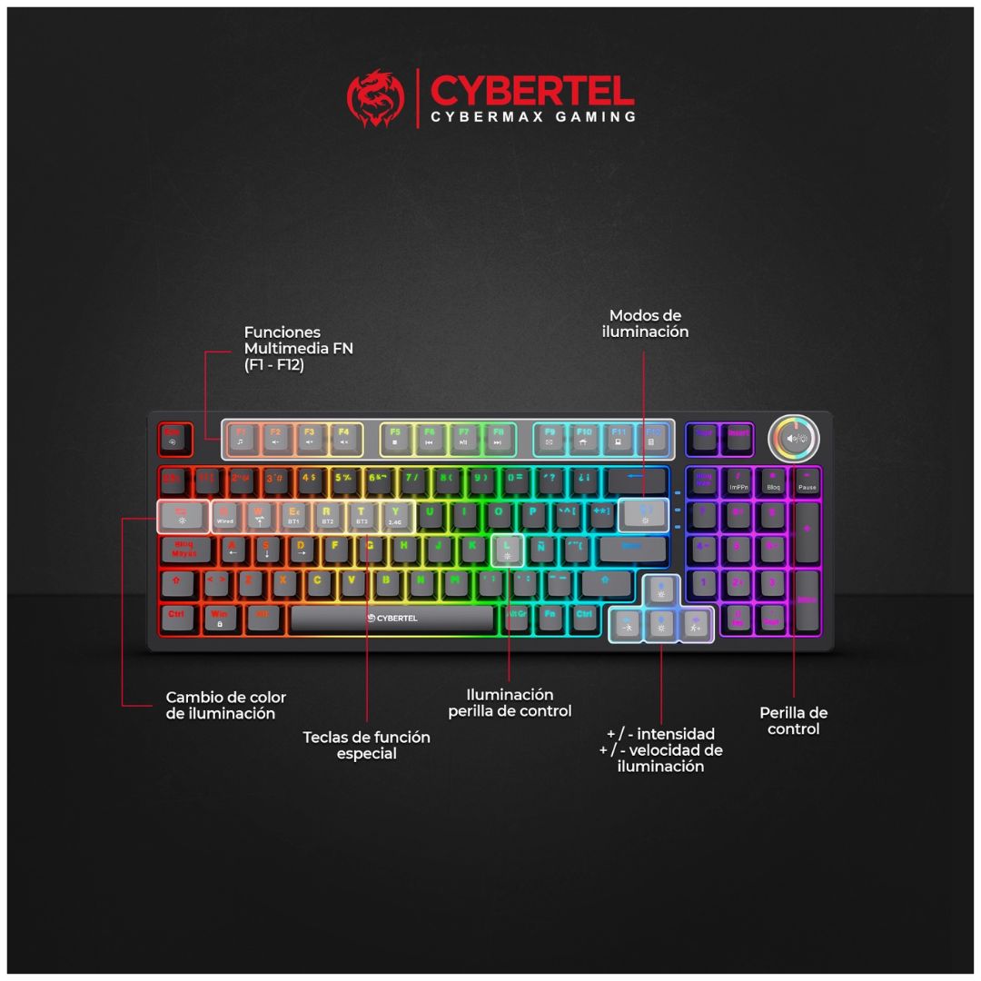 Teclado Gamer Mecánico Cybertel K1008-3M RGB Bluetooth 2.4G