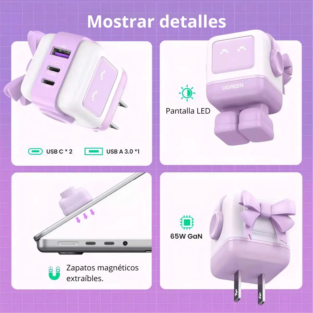 Cargador GaN de Pared UGREEN Uno RG CD361 65W Robot 3 Puertos USB-C USB-A Púrpura